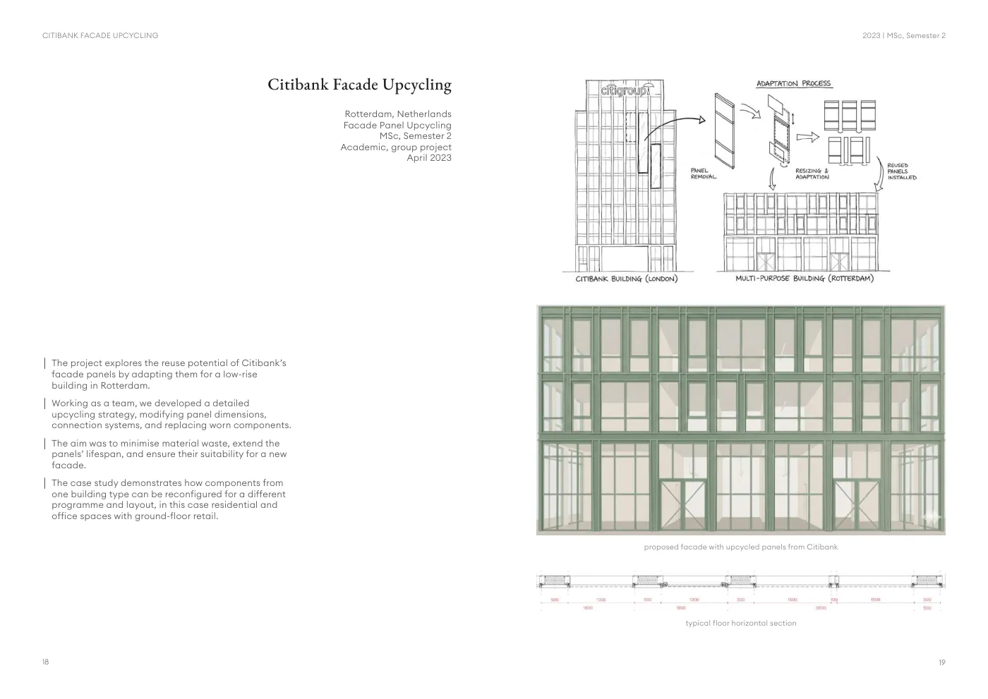 A spread from the portfolio: Citibank Facade Upcycling.