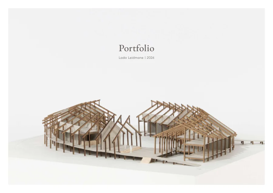 The cover of Lada Leidmane's portfolio, 2026, with a timber frame model of two curved wings.