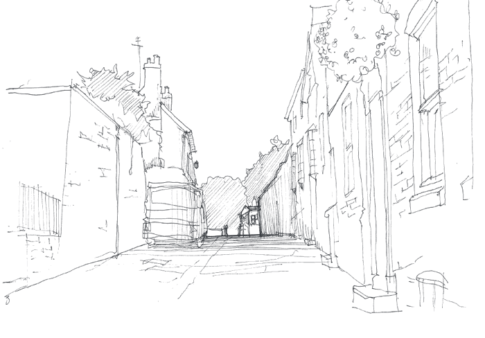 Pen sketch of a narrow street between old stone houses, rising towards a gate in the distance.
